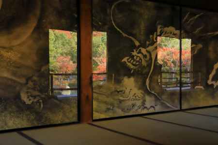 天龍寺大方丈の龍の襖絵に映る紅葉