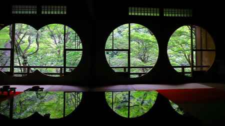 丸窓のある部屋からの青もみじ