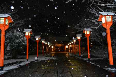 桜の燈籠に雪が舞う