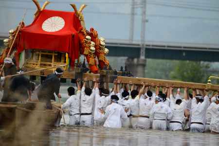 松尾大社　神幸祭　船渡御　川に入る