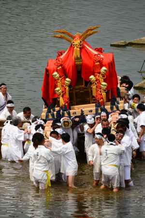 松尾大社　神幸祭　船渡御　水の冷たさも吹き飛ばす