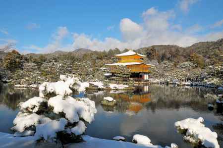 金閣と雪と青空
